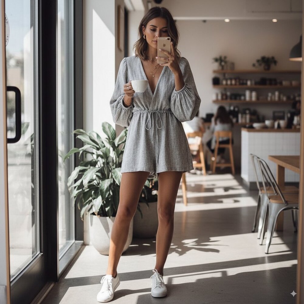 NWOT Rumer Gray Linen Long Sleeve Playsuit
